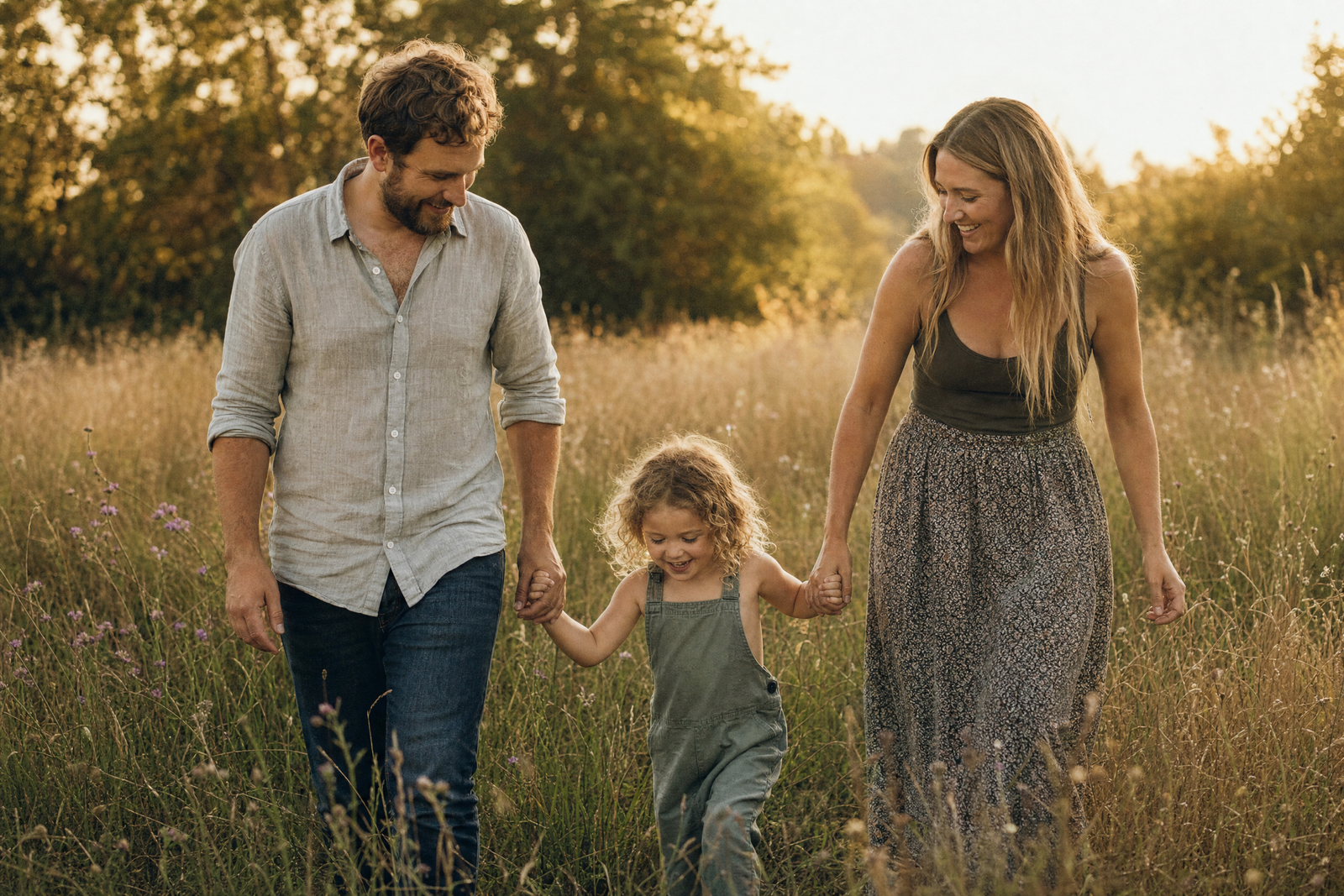 Eine Familie geht gemeinsam durch eine Wiese.