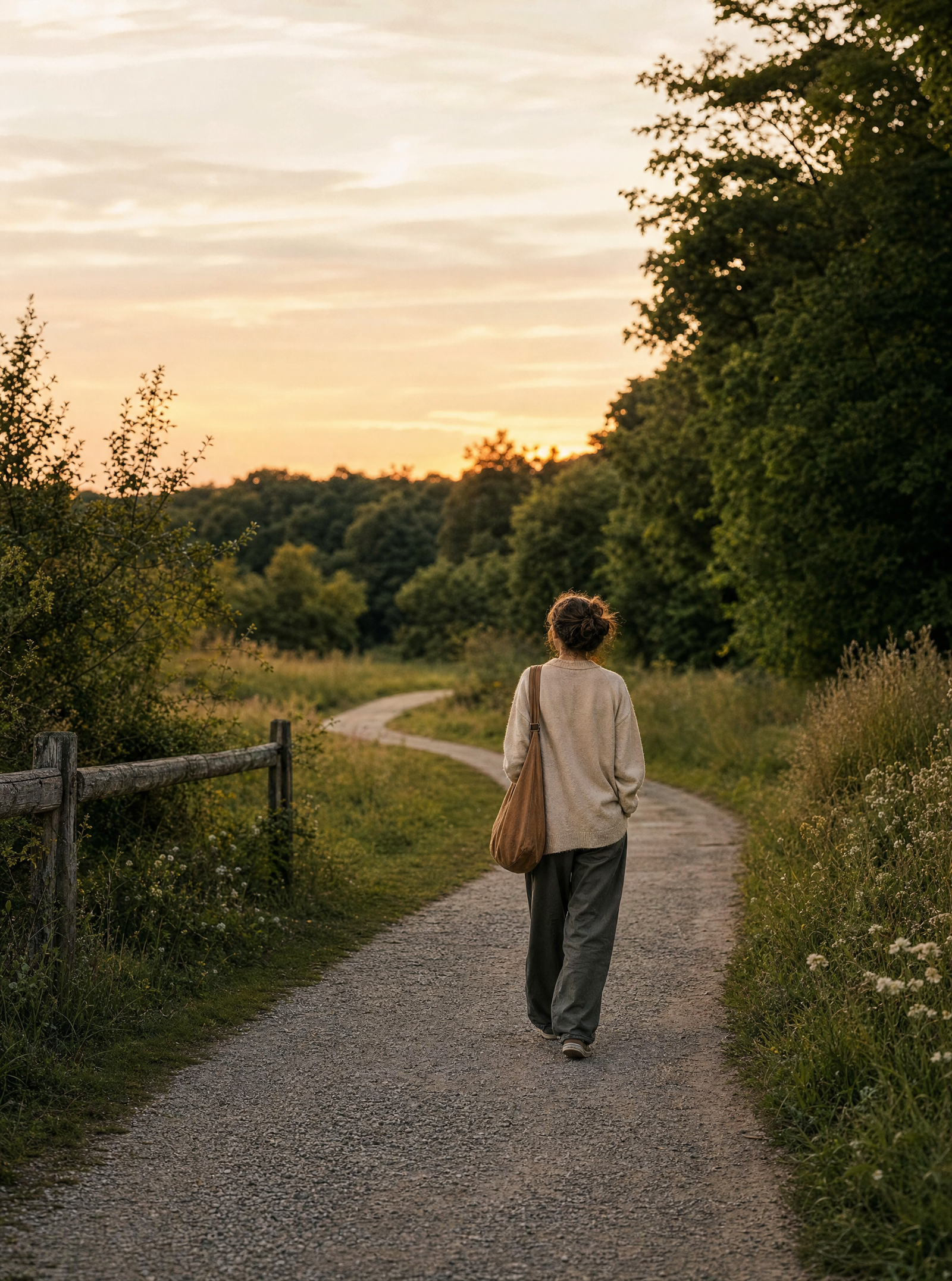 Eine Frau geht im Abendlicht einen geschwungenen Weg entlang.